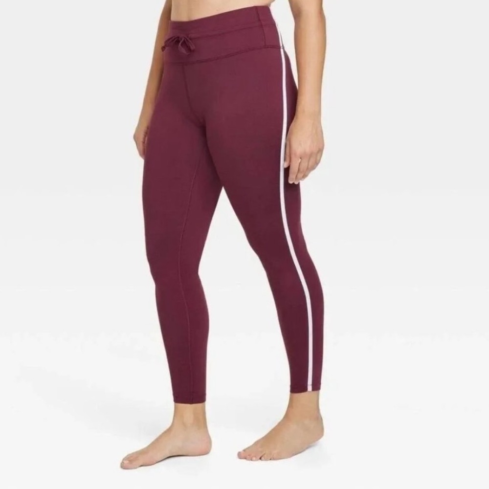All In Motion Burgundy High Rise Leggings Side Stripe Drawstring Women XXL New